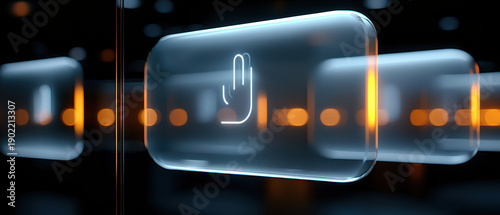 Futuristic button glass interface neon glow hand icon touch control cyber technology modern abstract minimal. sleek glass interface panel with glowing neon touch symbol evokes modern tech ambience