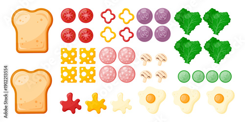 Vector collection of sandwich elements  isolated  on white background. Build your own sandwich. Parts of sandwich for creating  disign. Preschool printable matherial. Paper cut out. Elements for games