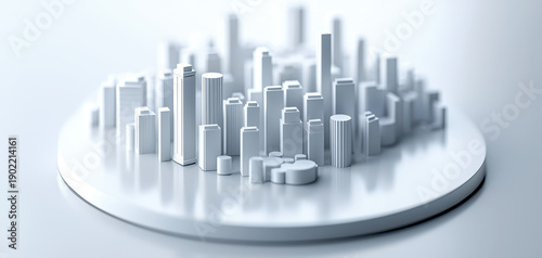 Minimalist city model white architecture urban skyline miniature buildings round platform modern design clean aesthetic soft lighting depth of field monochrome tones evoke calm