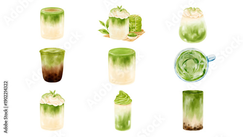 Watercolor Matcha Green Tea Latte and Drink Illustration Set, Featuring Boba, Whipped Cream, and Iced Matcha for Cafe Branding and Social Media