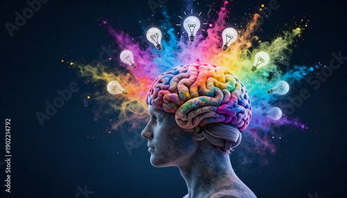 Creative Mind Concept – Multicolored Brain with Floating Light Bulbs