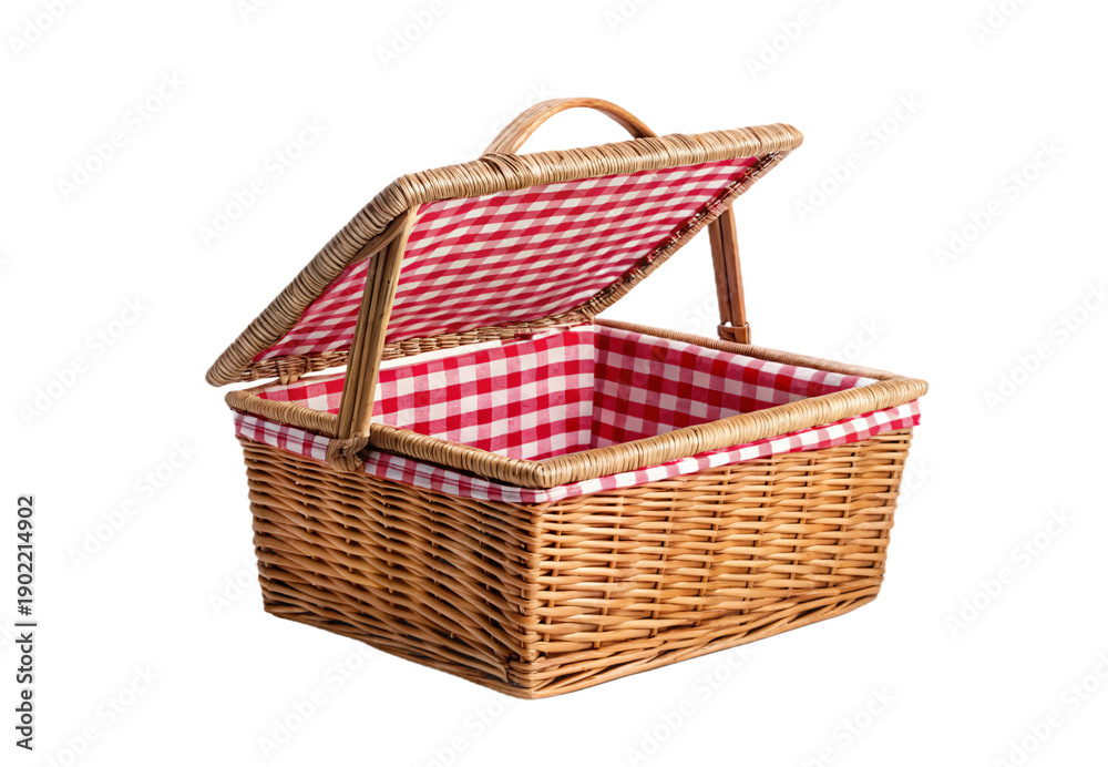 Obraz premium Open wicker picnic hamper with red white gingham fabric lining and handle, isolated on a transparent background