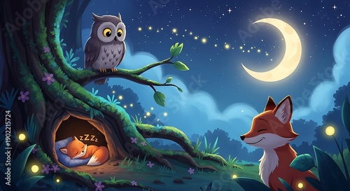 Enchanting Night Scene - Fox, Owl, and Sleeping Fox Cub.