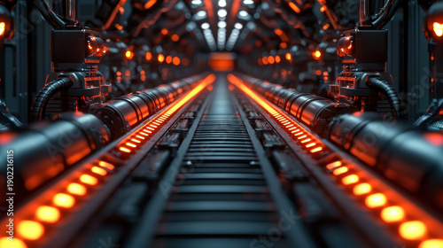 Futuristic factory corridor industrial tunnel glowing lights conveyor belt metal structure cyberpunk mood symmetrical perspective high tech dark interior red illumination
