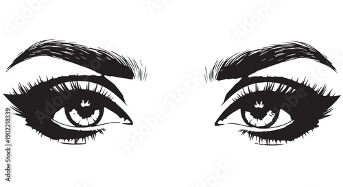 A striking close up illustration of a womans eyes with bold eye makeup and thick eyelashes on Transparent Background.