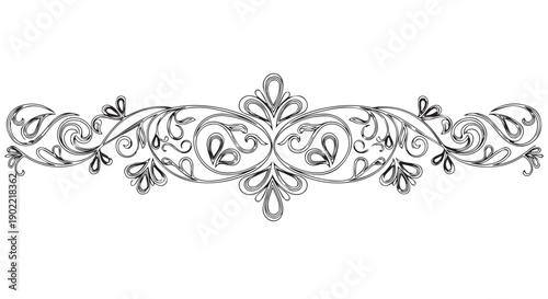 Elegant black and white ornamental design element with swirling floral patterns and leaves on Transparent Background for decoration and graphic design.