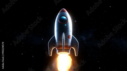 Animated 3D rocket launch with fire and smoke in space.