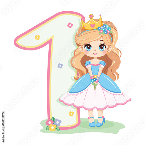 Sweet and modest princess with flowers and number 1 on white background. Happy Birthday party concept. For Greeting Card or Invitation. Vector illustration in flat cartoon style