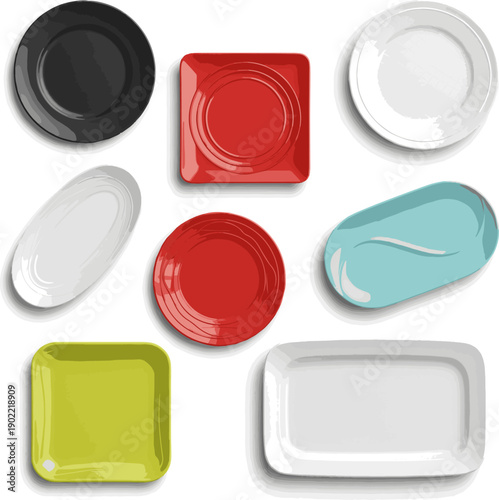 Create a kinds of deferent realistic Empty color design plate 3d rendering vector art with white background..