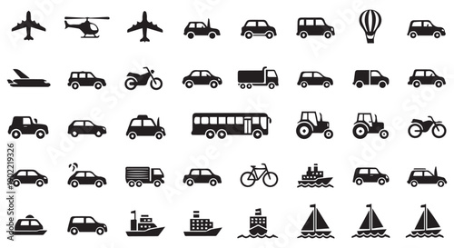 Collection of various transportation icons including cars, trucks, airplanes, boats, bicycles, and more on Transparent Background