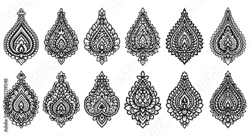 Collection of intricate black and white teardrop shaped floral mandala designs