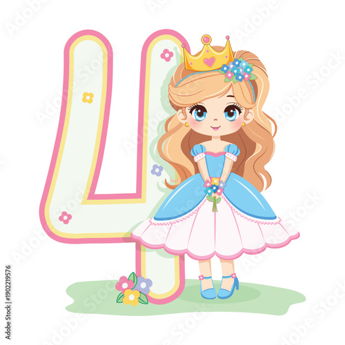 Sweet and modest princess with flowers and number 4 on white background. Happy Birthday party concept. For Greeting Card or Invitation. Vector illustration in flat cartoon style