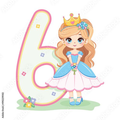 Sweet and modest princess with flowers and number 6 on white background. Happy Birthday party concept. For Greeting Card or Invitation. Vector illustration in flat cartoon style
