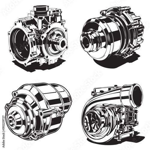 Electric vehicle motor and alternator design, black and white mechanical component set