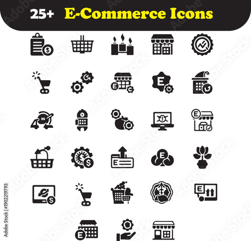 Set of modern e-commerce icons designed in a clean and minimal style. Includes online shopping, payment, delivery, cart, checkout, and customer service symbols.