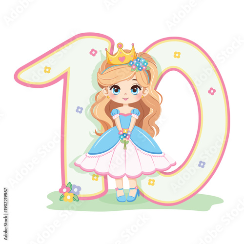 Sweet and modest princess with flowers and number 1 0 on white background. Happy Birthday party concept. For Greeting Card or Invitation. Vector illustration in flat cartoon style