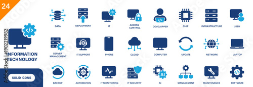 IT icon. Containing infrastructure, server, cloud, developer, IT support, software. Solid vector icon set.