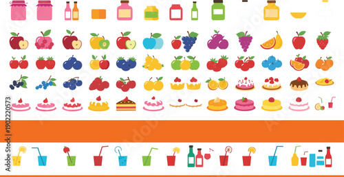 Mega set of colorful icons featuring fruit jams assorted berries cakes desserts and refreshing summer cocktails isolated on grey background