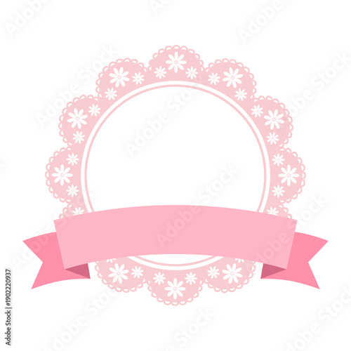 Flower pink round lace frame with ribbon, tag, label
