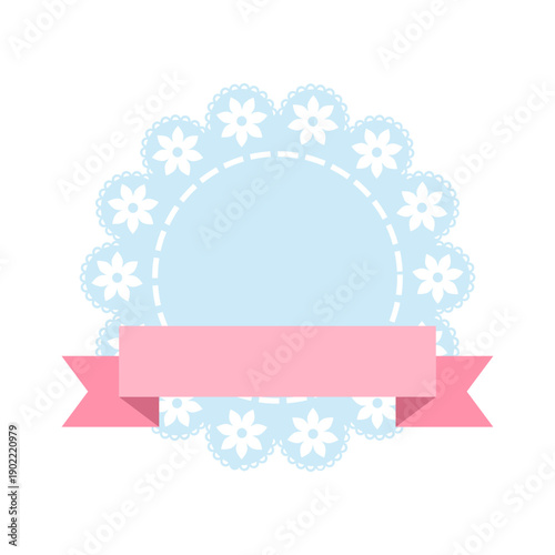 Flower blue round lace frame with pink ribbon, tag, label