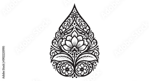 Intricate black and white teardrop shaped floral mandala design with swirling patterns and flowers on a Transparent Background