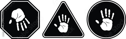 Handprint warning sign icons set, stop danger safety symbols, black white caution shapes, minimal hazard vector illustration pack