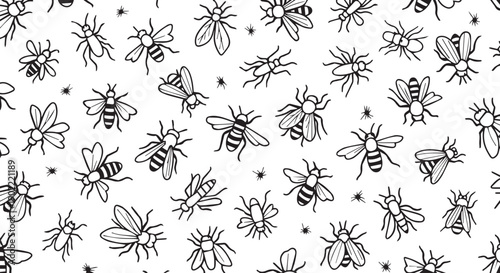 Black and white illustration of various flying insects, bees, and flies on a Transparent Background, cartoon style.