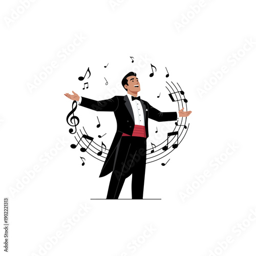 Man in Tuxedo Singing with Musical Notes.
