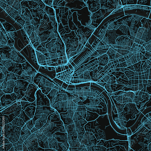 Pittsburgh City Map discover the clean geometric harmony of the urban grid with precision in this refined monochrome blueprint where every line tells a story evoking a subtle neon cyan glow.