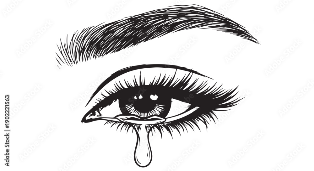 Fototapeta premium A black and white illustration of a crying eye with a teardrop falling from the corner, long eyelashes and a thick eyebrow on a Transparent Background.