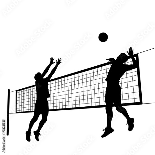 Silhouette of two volleyball players spiking the ball over net.