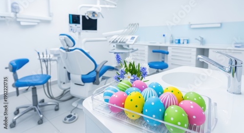 Dentistry Easter Concept with Pastel Eggs in Dental Clinic Interior, Modern Chair and Equipment