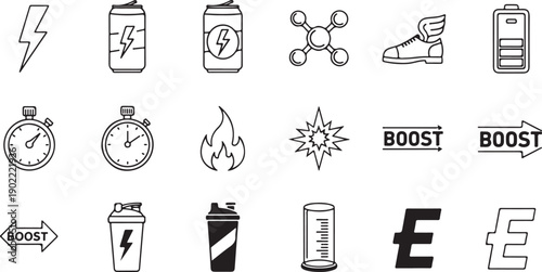 A collection of icons representing energy, power, and athletic performance isolated on white background, illustration