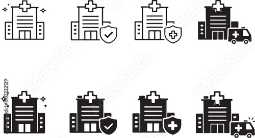 Icons representing various aspects of a hospital and healthcare services isolated on white background, illustration