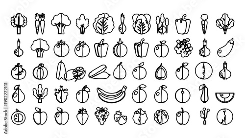 A comprehensive collection of diverse healthy fruits and vegetables, rendered as minimalist outline icons, ideal for illustrating nutrition and natural food concepts in modern graphic design