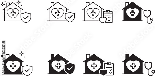 Various house icons with different symbols representing safety and security. isolated on white background, illustration