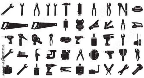Collection of various black silhouettes of tools and equipment for construction, repair, and DIY projects on a Transparent Background.