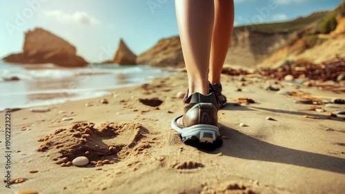 Person hiking on sandy beach with scenic cliffs in background