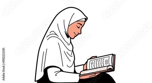 A girl in a hijab reads an open book depicted in a cartoonlike style