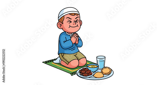 A cartoon boy kneels with hands clasped a meal of dates bread and water is laid out before him on a mat