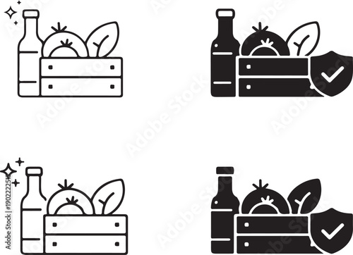 illustrations of crates filled with various vegetables and bottles. isolated on white background, illustration
