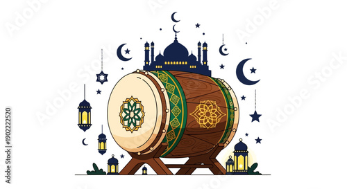 A drum with Islamic imagery including a mosque crescent moons stars and lanterns