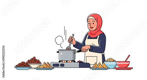 Woman in hijab cooks at stove amidst bowls of dates sambusas and soup
