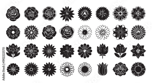 Collection of various black and white floral icons and silhouettes of roses, sunflowers, lotus, and other flowers.