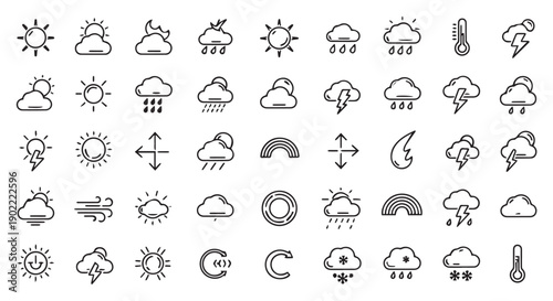 A collection of 36 weather icons including sun, cloud, rain, snow, and temperature symbols for design use.
