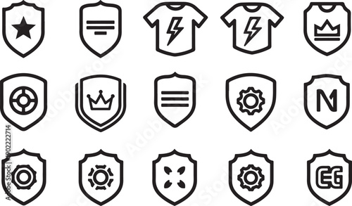 Collection of diverse shield icons with various symbols and designs isolated on white background, illustration