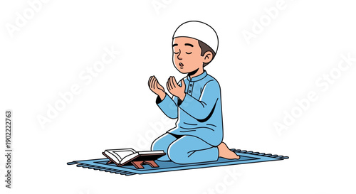 A boy kneels in prayer on a rug hands raised eyes closed next to an open book