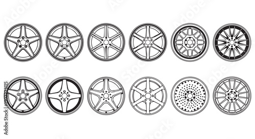 Collection of various car wheel designs and rims in black and white