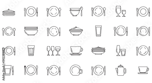 Collection of various tableware icons including plates, bowls, glasses, cups, utensils, and teapots for restaurant or dining themes.
