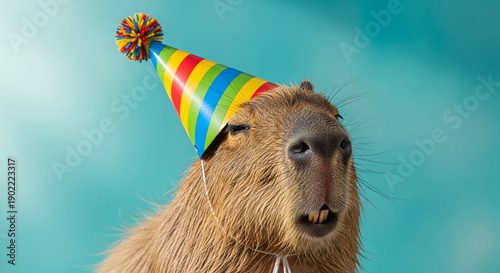 Capybara Birthday Party: Cute Rodent Wearing Colorful Hat, Celebrating Celebration, Funny Animal Portrait